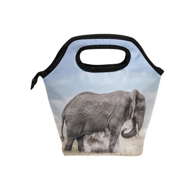 

Lunch Tote Bag Running Elephant Travel Picnic Insulated Lunch Handbags Portable Zipper Lunch Bag Box