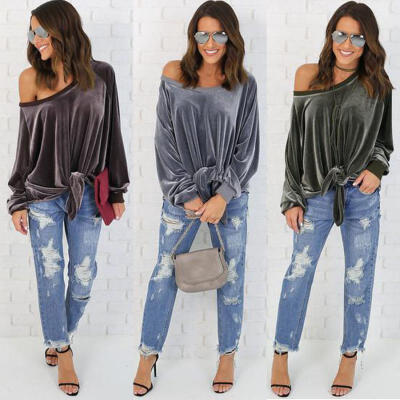 

Womens Sexy Off Shoulder Long Sleeve Loose Tops T-shirt Velvet Tee Casual Shirt