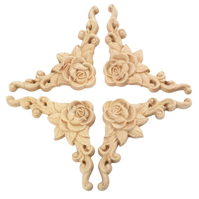 

UpperX 4PCS Rose Floral Wood Carved Decal Corner Applique Decorate Frame Wooden Figurines Cabinet Decorative Crafts 12x12cm
