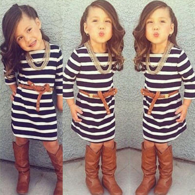 

Princess Baby Girls Dress Kids Striped Party Dresses Long Sleeve Casual Clothes