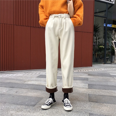 

Korean version of loose jeans with fleece thickened jeans high waist two button straight leg trousers wide leg pants nine points