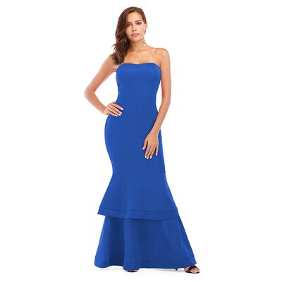 

Sexy Strapless Backless Layered Flounce Solid Color Women Mermaid Dress