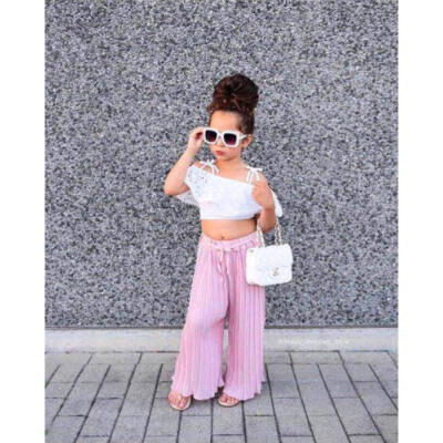 

Lace Kids Toddler Baby Girls Striped Off Shoulder Crop Tops Pants Outfit Clothes