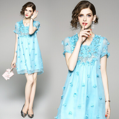 

DFYOP New style womens hand-made nail flower short sleeved elegant dress