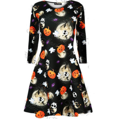 

USA Women Ladies Long Sleeve Halloween Prints Swing Skater Halloween Dress Plus