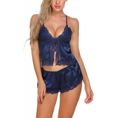 

2pcs Women Sexy Satin Lace Sleepwear Babydoll Lingerie Nightdress Pajamas Set