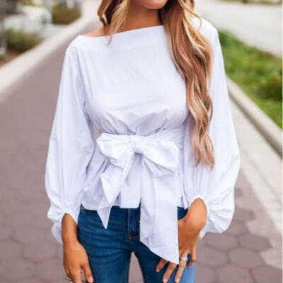 

Fashion Women Bowknot Waist Tie Casual Long Sleeve Ladies T-Shirt Tops Blouse