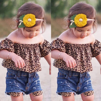 

Kids Baby Girls Leopard T-shirt Top Denim Hole Pants Shorts Outfits Set Clothes