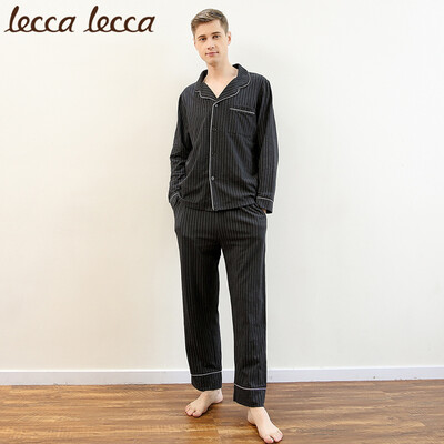 

Lecca lecca Lakrica couple pajamas womens autumn long sleeve cardigan suit mens striped cotton home service V-neck casual simple LC171M-MT0060 mens black&white strips