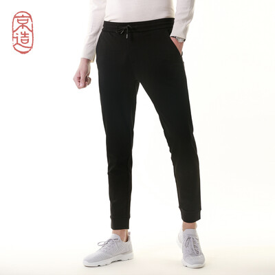 

JZAO Mens knit beam feet sanded casual pants drawstring solid color autumn&winter thick section black 30 17078A