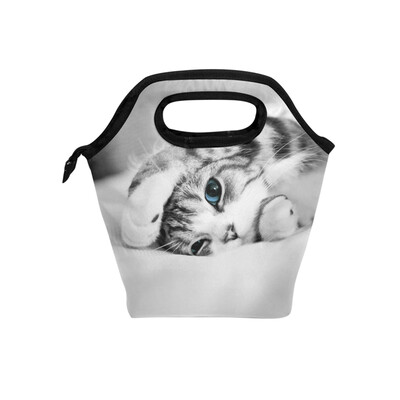 

Insulated Lunch Tote Bag Lying Cat Travel Picnic Lunch Handbags Portable Zipper Lunch Bag Box