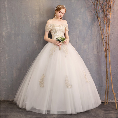 

2019 New Colorful Wedding Dress Elegant Boat Neck Champagne Lace Embroidery Off The Shoulder Floor Length Wedding Gown