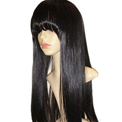 

Silky Straight Lace Front Wig with Full Bangs Ponytail Brazilian Virgin Human Hair Full Lace Wigs for Women Natural Color