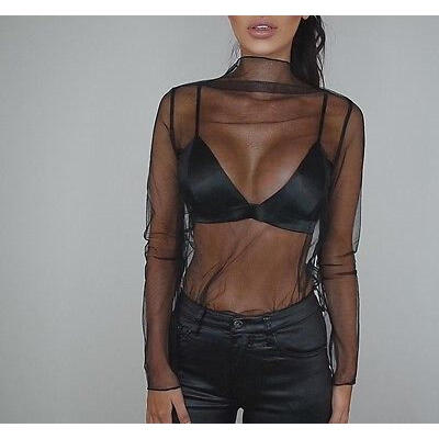 

Women New Fashion T-Shirt Long Sleeve Sheer Tops Mesh See Through Blouse Shirt F