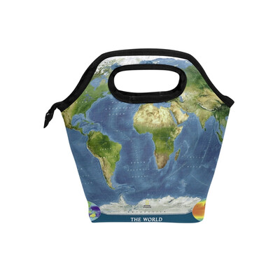 

Lunch Tote Bag Blue World Map Travel Picnic Insulated Lunch Handbags Portable Zipper Lunch Bag Box