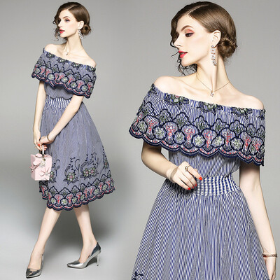 

DFYOP New Fashion Womens Shoulder Stripes&self-cultivation Dress