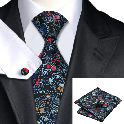 

N-0254 Vogue Men Silk Tie Set Blue Paisleys Prints Necktie Handkerchief Cufflinks Set Ties For Men Formal Wedding Business wholesale