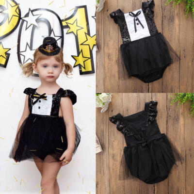 

CANIS Toddler Kids Baby Girls Summer Bow Lace Sequins Princess Romper Dresses