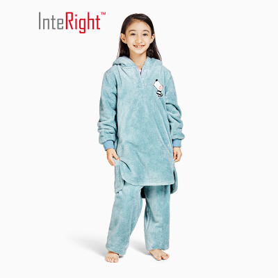 

INTERIGHT parent-child home service Shurou flannel plus velvet thickening hooded cartoon home service suit girls lake green 120