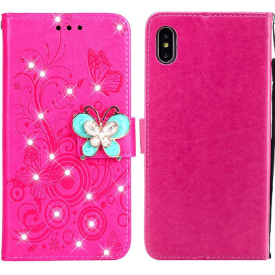 

MOONCASE Apple iPhone  Butterfly Rhinestone Embossed Leather Case - Red