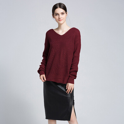 

PREISEI Fashion Autumn Winter Women Sexy Open Back Casual Loose Knitted V-Neck Long Sleeve Sweater Pullover Mujer