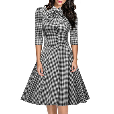 

Women\s Seven-Cent Sleeve Plaid Big Bow Fashion Big Swing Dress