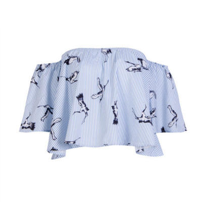 

2018 Women Sexy Summer Crane Print Cropped Top Off Shoulder Shirt T-shirt Blouse