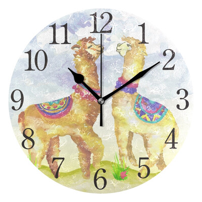 

Wall Clock Retro Llama Watercolor Round Wall Clock Arabic Numerals Design