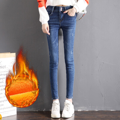 

Yu Zhaolin 2018 autumn&winter new Korean version of the high waist thickening pencil pants Slim wild plus velvet denim trousers female YWKN188401 dark blue 27