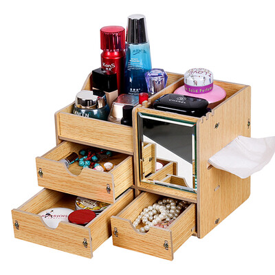 

TRNFA TN-M631 DIY Korean Creative Desktop Wooden Toilet Storage Box With Mirror Shelf With Drawer Shelf Skin Care Jewelry Miscellaneous Finishing