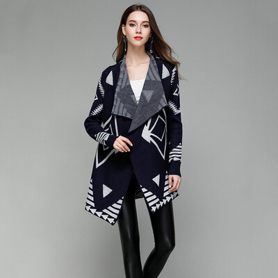 

PREISEI Autumn Women Fashion Geometric Turn-down Collar Long Sleeve Streetwear Coat Sweaters Ladies Cardigan Mjuer