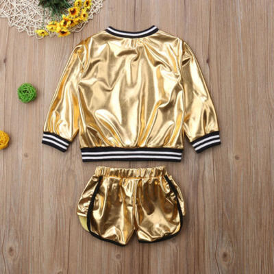

2PCS Toddler Girls Golden JacketShorts Outfits Clothes Set Childrens Age 1-6Y