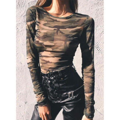 

Women CamouflageT-shirt Sexy See Through Mesh Top O-Neck Long Sleeve Crop Tops