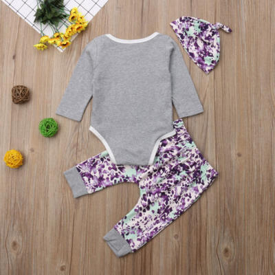 

Newborn Baby Girls 3PCS Clothes Romper Jumpsuit Bodysuit Long Pants Hat Outfits