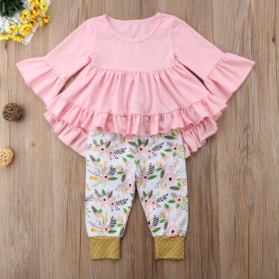 

US Kids Baby Girl Ruffle Irregular Top T shirt DressFlower Pants Outfits Set