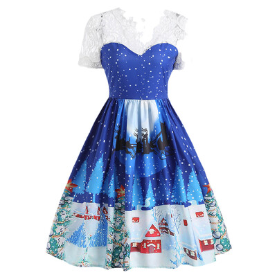 

Lace Panel Christmas Print 50s Swing Dress