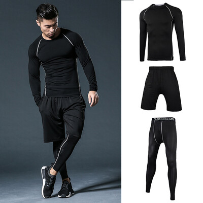 

Fan Dimu sports suit mens fitness wear quick-drying tights breathable gym running autumn&winter long-sleeved sports mens suit FNZ9001-black stitching - long sleeve three-piece -XXL