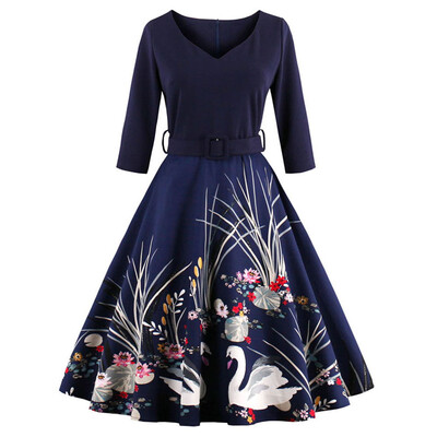 

Spring vintage print dress 50s elegant style v-neck half sleeve pleated dress defined waist with belt plus size women Retro Dress