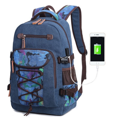 

New washed canvas bag usb-printed middle school bag retro mens shoulder computer backpack