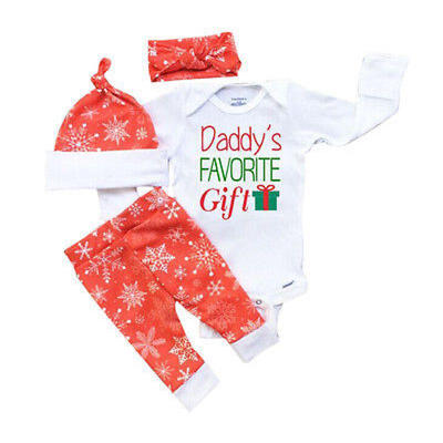 

Newborn Baby Boys Girls Christmas Clothes Tops Romper Pants Hat 4PCS Outfits Set