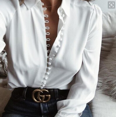 

Fashion New Sexy Button Long-sleeved Women Chiffon Blouse Shirt Casual Solid Color Tops Plus Size