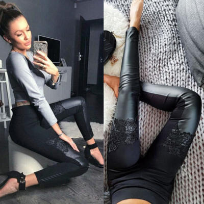 

Women Wet Look Stretchy Pants Faux Leather Skinny Shiny Leggings Pencil Trousers