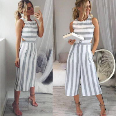 

Summer Womens Strap Vertical Striped Jumpsuit Sleeveless Backless Long Jumpsuit