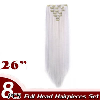 

17" Straight 8 Pcs Full Head Clip in Hair Extensions Synthetic 8 Piece 18 Clips Hairpiece Long Straight for Women