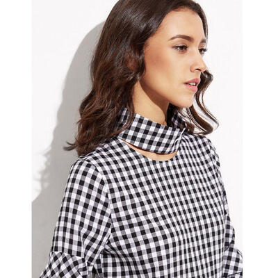 

Womens Elegant Plaid Gingham Cutout High Neck Billow 34 Sleeve Tunic Top Blouse