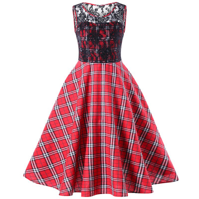 

Lace Trim Plaid 50s Swing Dress