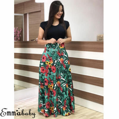 

AU Womens Floral Long Maxi Dress Short Sleeve Evening Party Summer Beach Dress