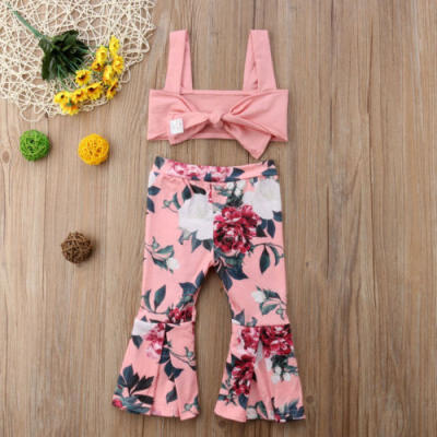 

AU Princess Kids Baby Girl Crop Vest TopFlower Pants Bell-bottoms Outfits Set