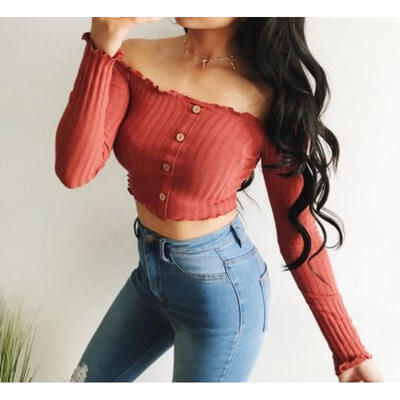 

Fashion Women Off Shoulder Crop Top Long Sleeve Shirt Blouse Sweater T-shirt