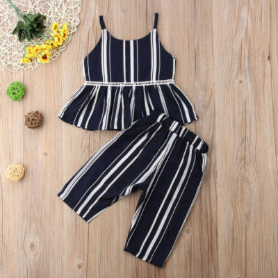 

2PCS Toddler Kids Baby Girl Vest T-shirt Tops Stripe Pants Party Clothes Set